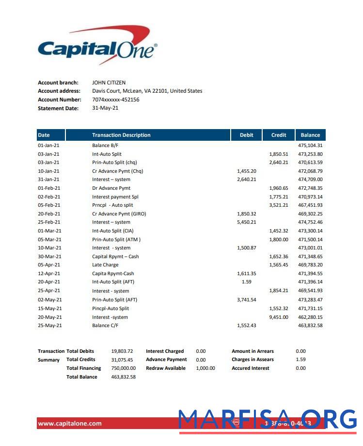 Realistic USA Capital One bank statement excel real example